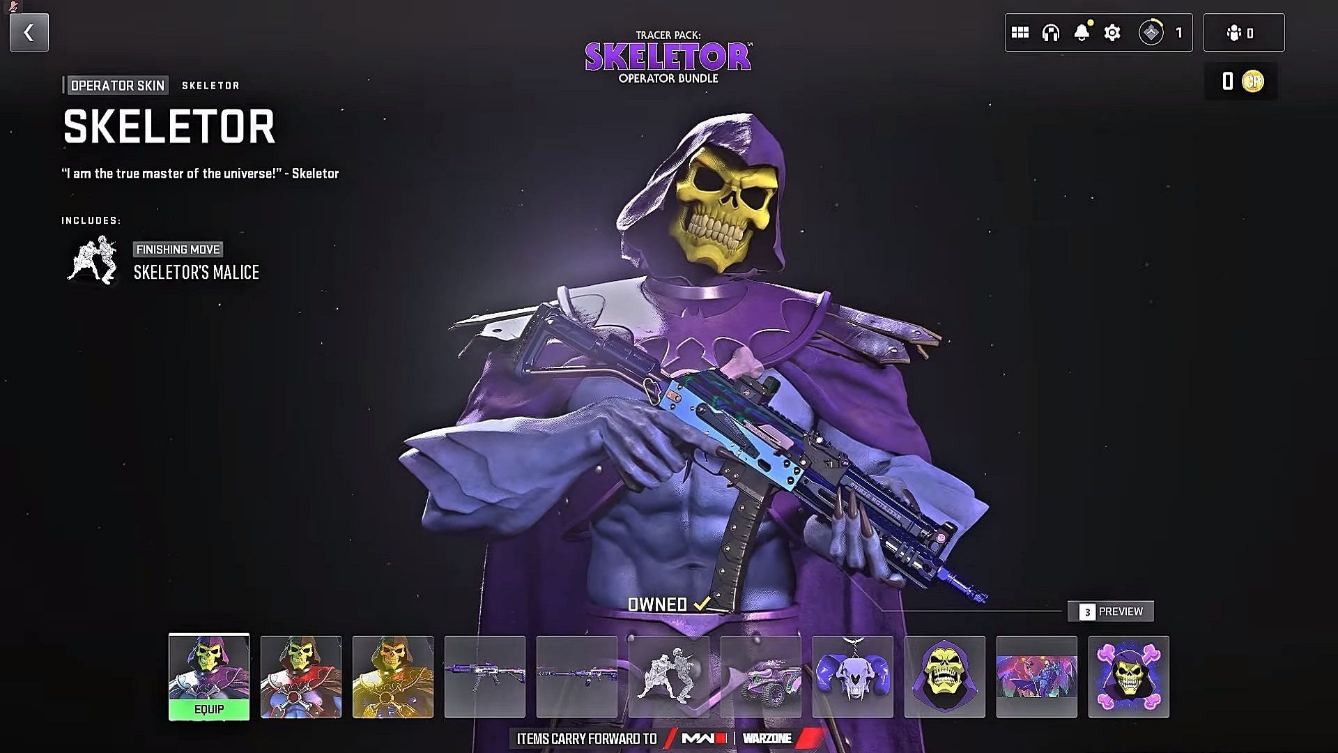 All items included in the Skeletor Operator bundle of Warzone 2 and MW2 (Image via Activision)